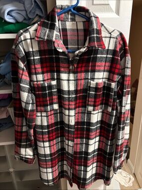 Red Black and White Plaid Button-Up Shacket